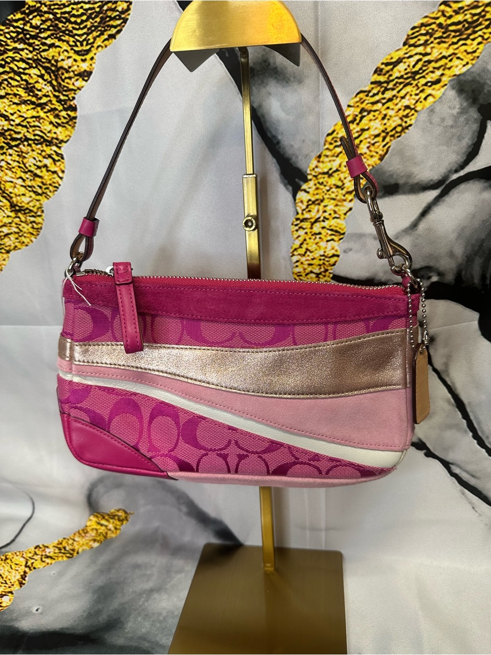 Coach Pink Signature Pattern Shoulder Bag with Metallic Accent